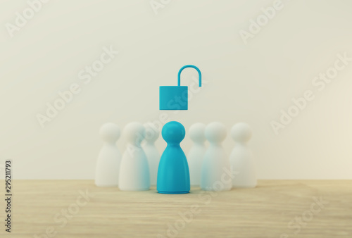 Blue people model with key unlock outstanding out from the crowd. Human resource, Talent management, Successful business team leader concept. photo