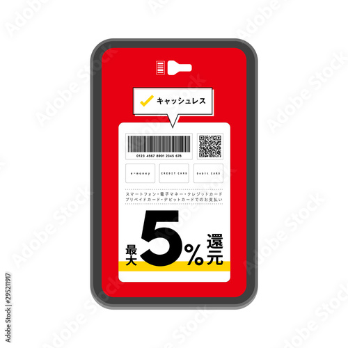 「ポイント還元」販促素材：「キャッシュレス払い」で「最大5％ポイント還元」バーコード・QRコード（赤色背景）