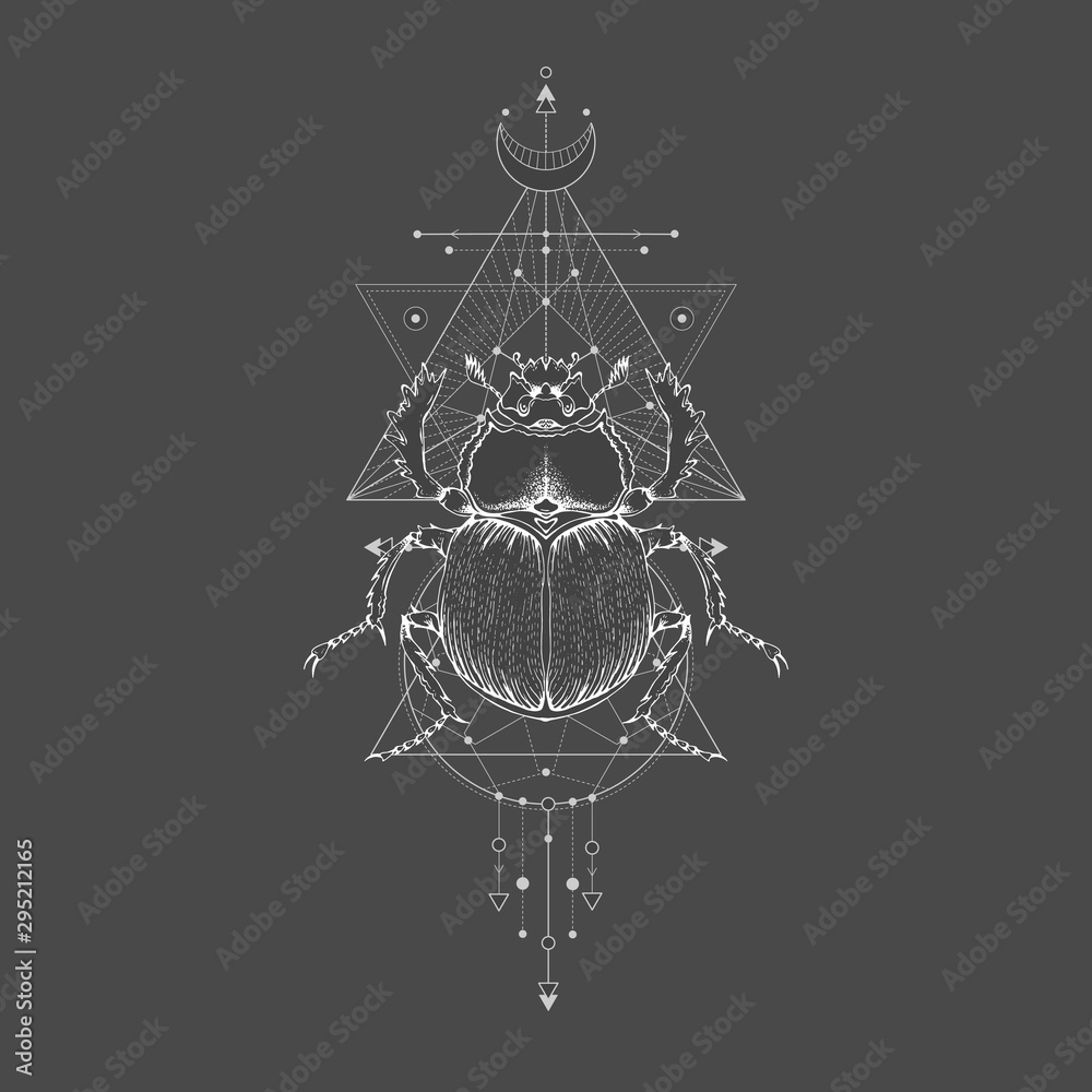 Ταπετσαρία Vector illustration with hand drawn scarab and Sacred geometric symbol on black vintage background