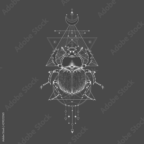 Vector illustration with hand drawn scarab and Sacred geometric symbol on black vintage background. Abstract mystic sign.