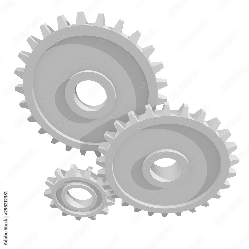 Gears. Mechanical technology machine engineering symbol. Industry development, engine work, business solution concept. 3d render illustration isolated on white background Gears. Mechanical technology machine engineering symbol. Industry development, engine work, business solution concept. 3d render illustration isolated on white background