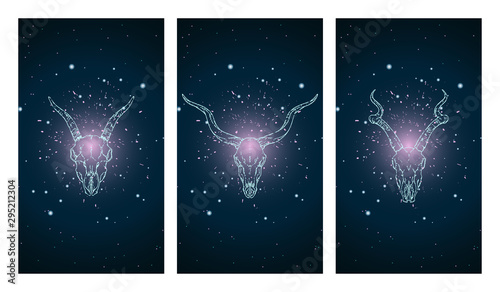 Vector set of three illustrations with silhouettes skulls antelopes and goat on blue and pink starry sky background.
