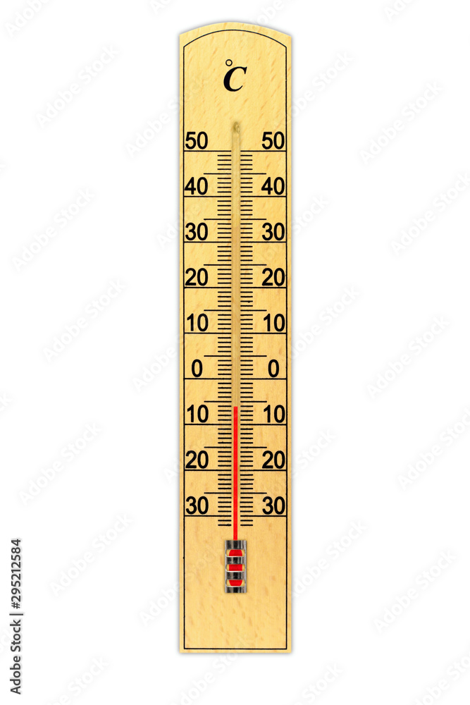 Wooden celsius scale thermometer isolated on white background. Thermometer shows air temperature minus 6 degrees Wooden celsius scale thermometer isolated on white background. Thermometer shows air temperature minus 6 degrees