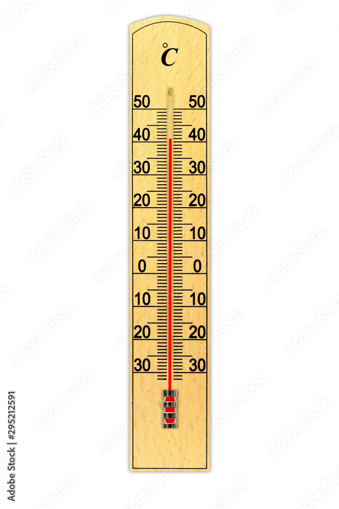 Wooden celsius scale thermometer isolated on white background. Thermometer shows air temperature plus 41 degrees Wooden celsius scale thermometer isolated on white background. Thermometer shows air temperature plus 41 degrees
