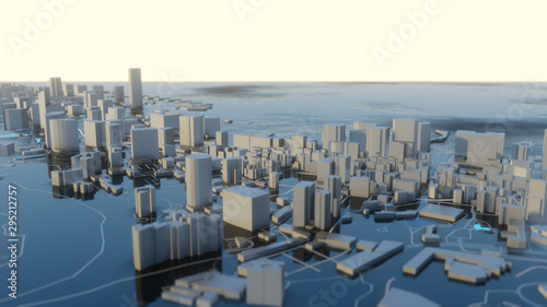 3D illustration. Futuristic City in sunny day