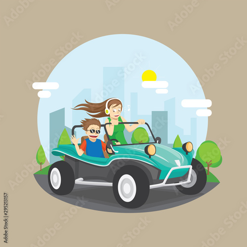 Couple rides buggy with city background