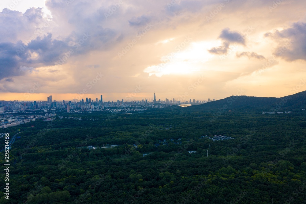 Skyline of Nanjing City at Sunset in Summer Taken with A Drone