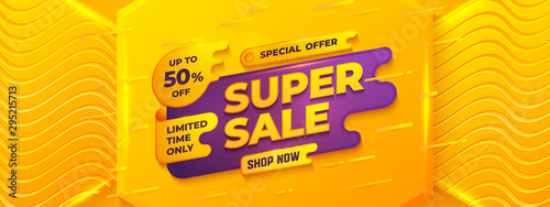 Super sale background with orange, yellow, and purple color. Sale banner template design.