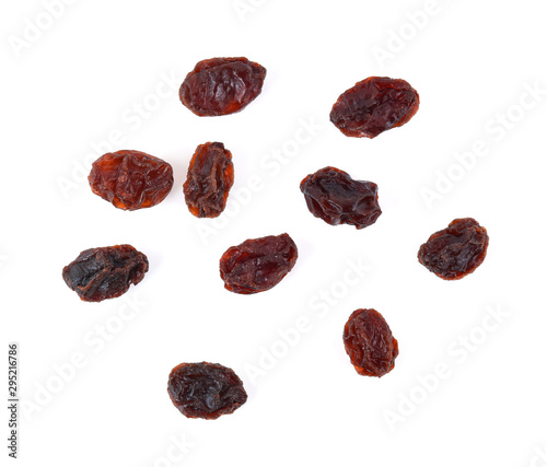 Top view of Dried raisins isolated on white background photo