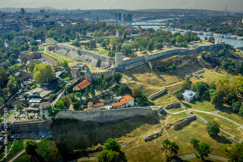 Aerial view of the Belgrad Kalesi, Damad Turbe, Sahat Kula clock tower, bastions and fortifications in Belgrade Castle in Serbia former Yugoslavia