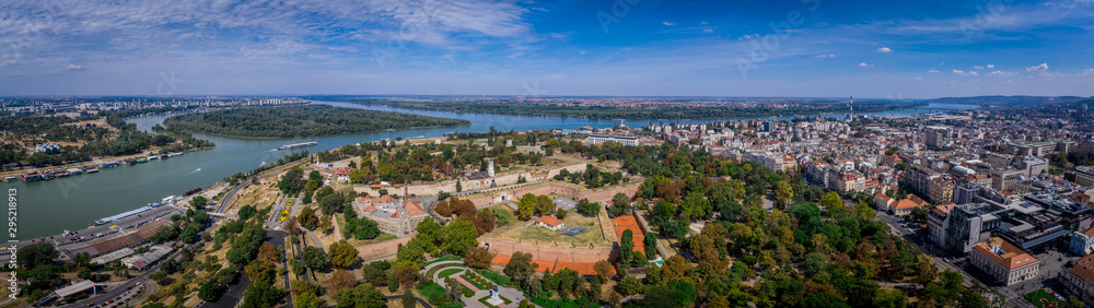 Aerial view of the Belgrad Kalesi, Damad Turbe, Sahat Kula clock tower, bastions and fortifications in Belgrade Castle in Serbia former Yugoslavia