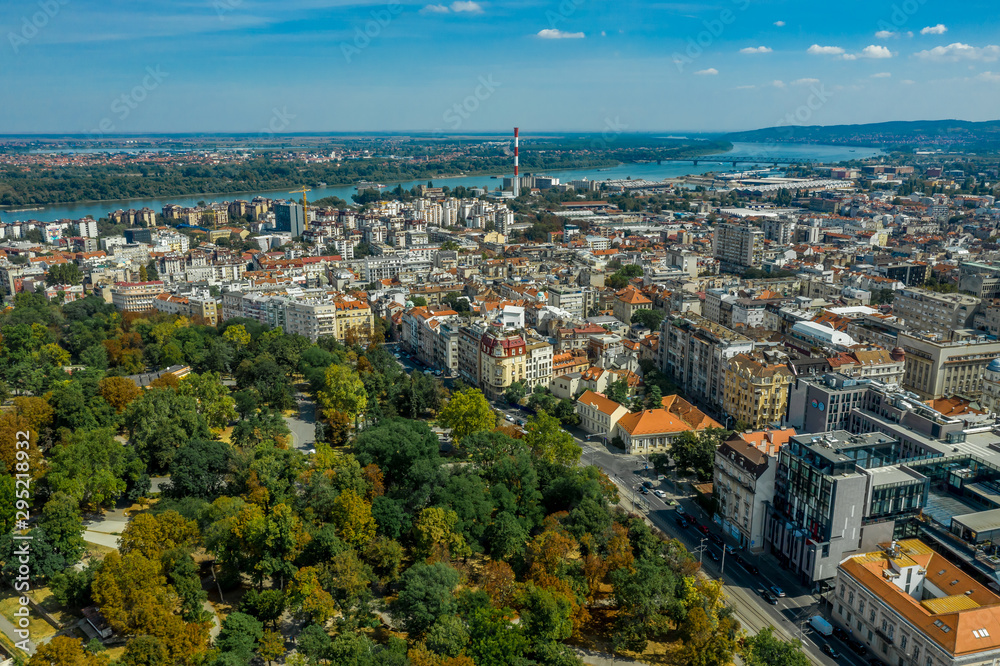 Aerial view of downtown Belgrad Serbia with the Danube