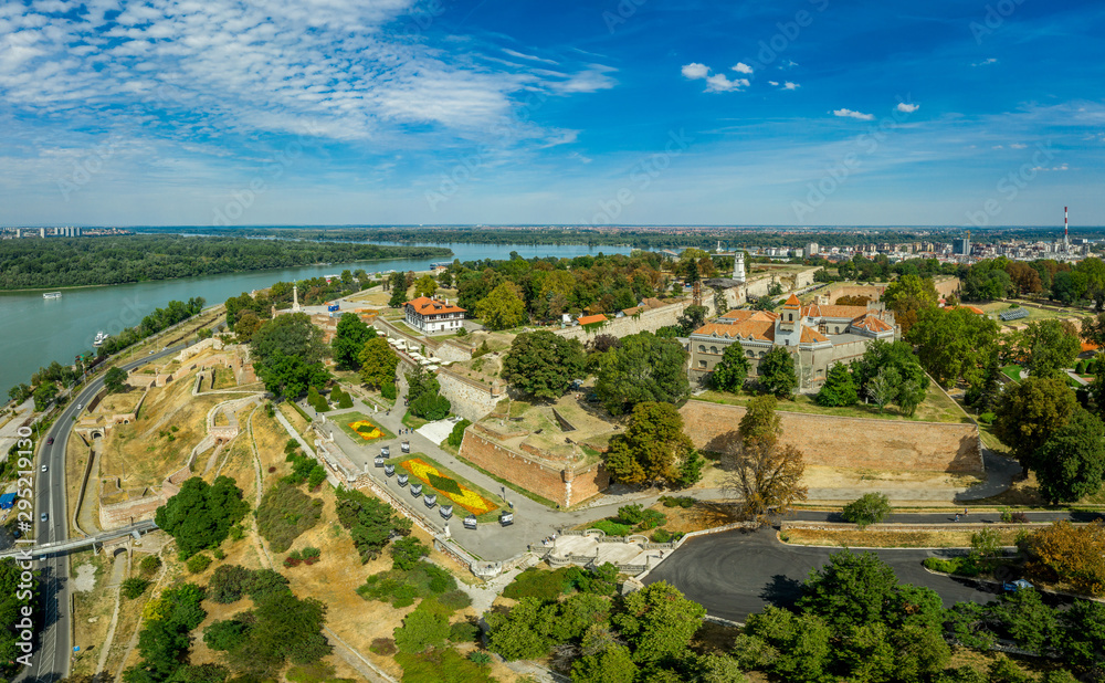 Aerial view of the castle of Beograd (Belgrade) the Kalemegdan at the meeting point of the Danube and Sava rivers in Serbia with rings of fortifications