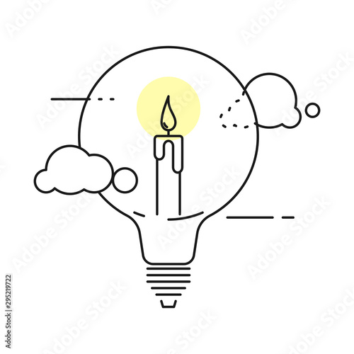 Burning candle inside a light bulb. Concept of idea and creativity. Outline thin line illustration. Isolated on white background. 