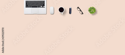 Top view desk and IT equipment, with copy space. Creative flat lay photo of workspace desk/Panoramic banner background