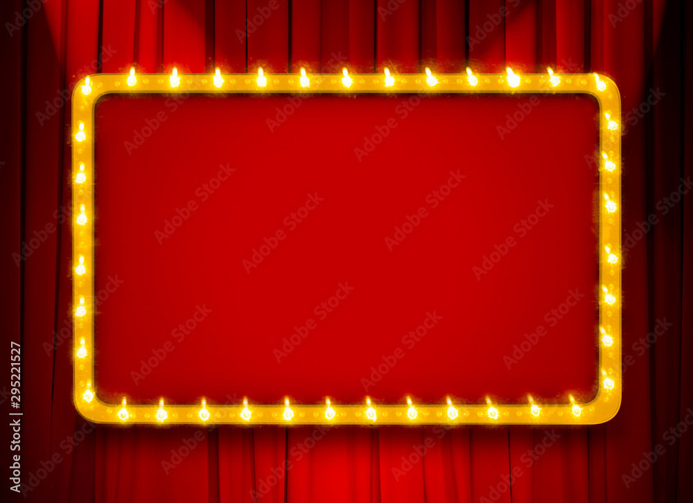 Red light sign with gold frame on theatre or cinema curtain Stock ...