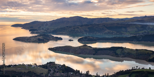 Christchurch New Zealand Landscape, Sunrise Scenic View From Port Hills Overlooking Lyttelton Harbour In Canterbury, South Island NZ, Popular Travel Destination © Joshua