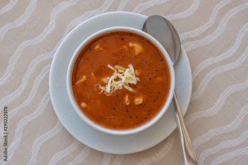 Red tomato soup with cheese , close up Red tomato soup with cheese , close up