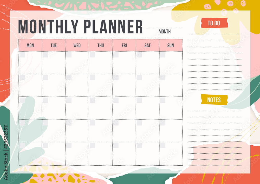 Floral monthly planning template with pieces of torn paper, flower and chalk line. Blank monthly planner with notes in pastel colors. Simple stylish organizer design. Vector illustration - obrazy, fototapety, plakaty 