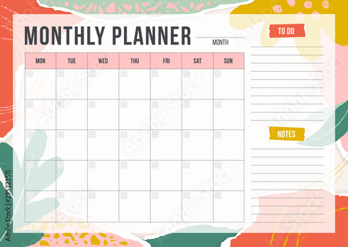 Floral monthly planning template with pieces of torn paper, flower and chalk line. Blank monthly planner with notes in pastel colors. Simple stylish organizer design. Vector illustration photo
