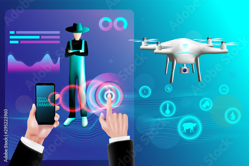 Smart farming technology concept. Hand holding smartphone and push power button with control drone machine. agriculture icon on blue background. Vector illustration in 3d style.