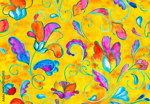 Hand drawn flower seamless pattern (tiling). Colorful seamless pattern with flowers, paisley and leaves. Flowers on a yellow background. Doodle style. Perfect for textile, cover design. photo