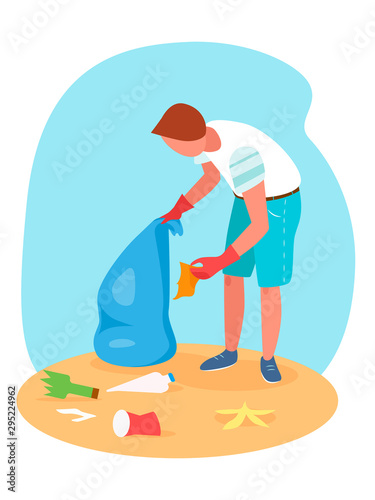 Illustration of volunteer who clean sandy shore from garbage. Flat illustration. Ecological lifestyle.