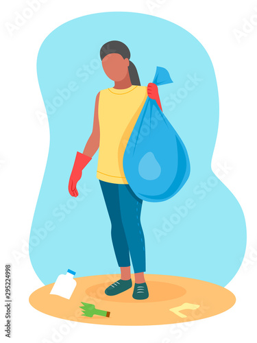 Cute illustration of volunteer who clean sandy shore from garbage, flat illustration. Ecological lifestyle. Garbage bag