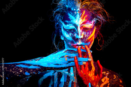 UV halloween body art mix ice an fire hot cold  glowing portrait