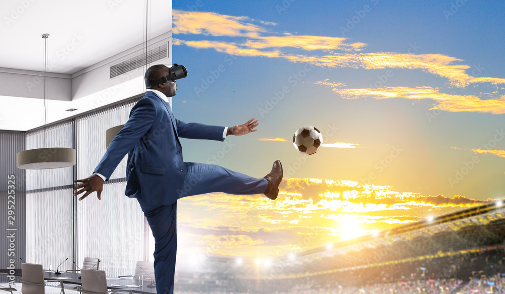 Black Man and Virtual Reality Soccer Match - obrazy, fototapety, plakaty 