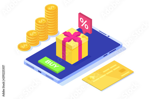 Discount, Loyalty card program and customer service. Vector isometric illustration.