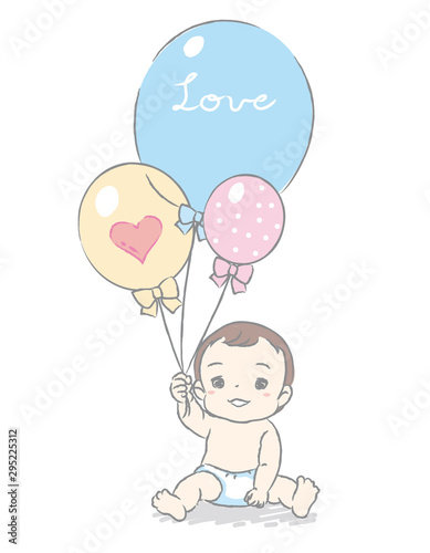 Cute baby and balloons . Vector illustration for Baby shower card or blog or other use.