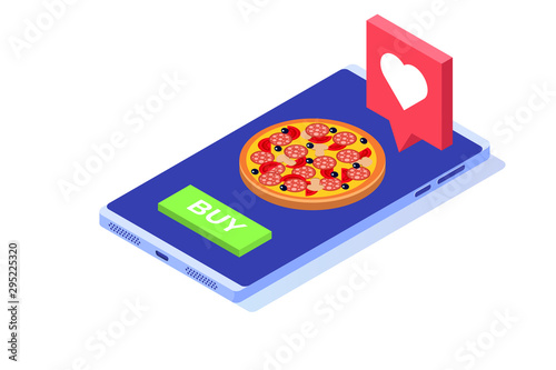 Order food online services, pizza delivery isometric concept. Vector illustration