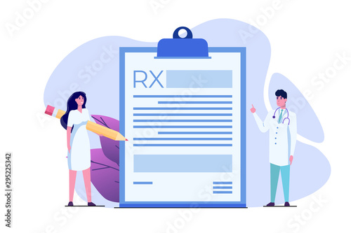  Doctor character writing  RX prescription form. Online clinic concept.  Vector illustration in flat style.