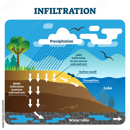 Infiltration vector illustration. Labeled natural precipitation water clean