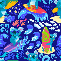 Acrylglasbilder Dunkelblaue Muster Niedliche Koala Surfer Cartoon Muster  © penguin_house