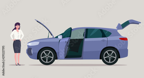 Damaged CUV car with an open hood and a young business woman. Vector flat style illustration.