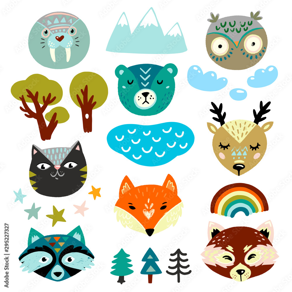 Kids elements set. Wild animal hand drawn faces and nature elements Kids elements set. Wild animal hand drawn faces and nature elements