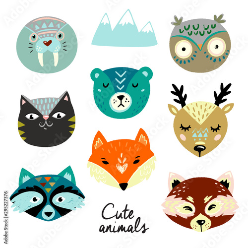 Fototapeta Naklejka Na Ścianę i Meble -  Cute animals faces. Hand drawn baby design