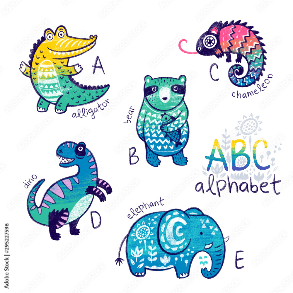 Cute zoo alphabet drawing in a chalk style. Set of animals for learning the  english alphabet A - E. Hand drawn illustration Stock Illustration | Adobe  Stock