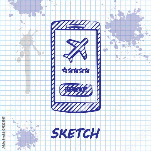 Sketch line Smartphone with electronic boarding pass airline ticket icon isolated on white background. Passenger plane mobile ticket for web and app. Vector Illustration