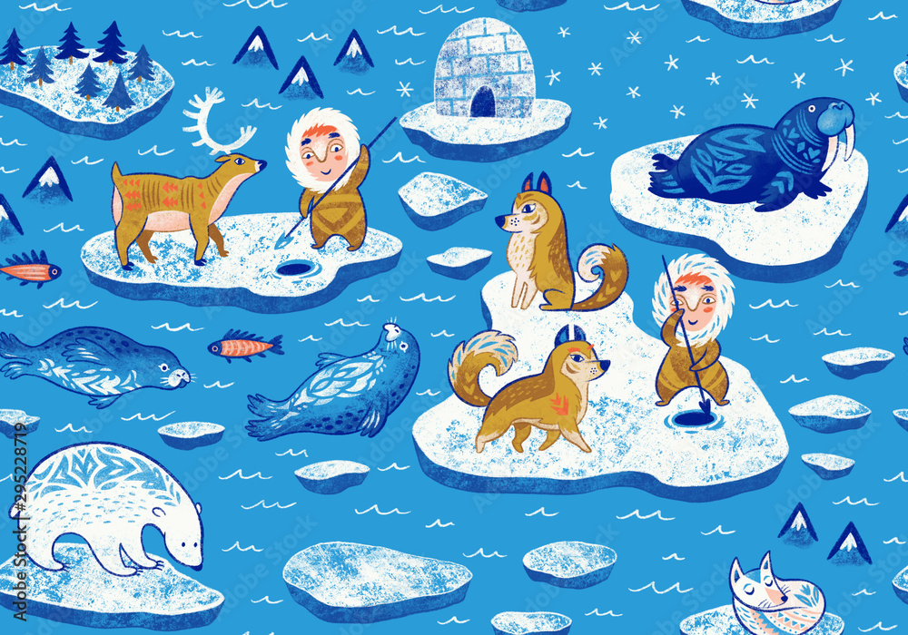 North Pole wildlife decorative pattern. Seamless pattern with northern ...