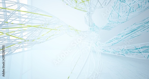 Abstract architectural white and glass gradient color smooth wire interior of a minimalist house with large windows.. 3D illustration and rendering.