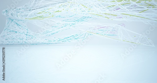 Abstract architectural white and glass gradient color smooth wire interior of a minimalist house with large windows.. 3D illustration and rendering.