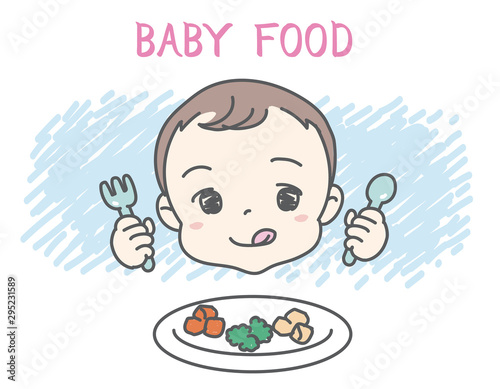 Baby eating baby food. Vector illustration.