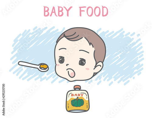 Baby eating baby food. Vector illustration.