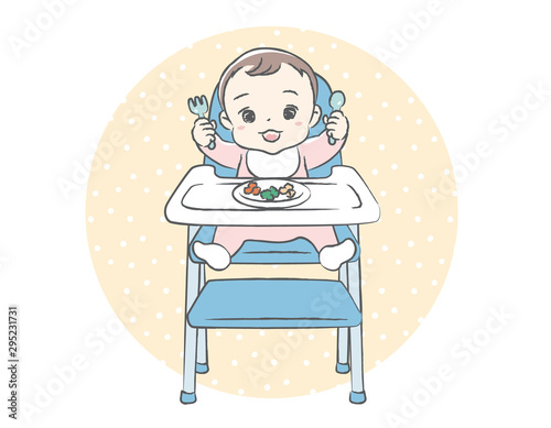 Baby eating baby food. Vector illustration.