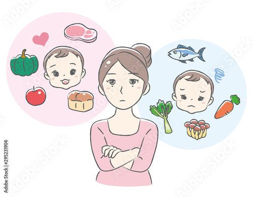 Mother thinking about her baby's food. Vector illustration.
