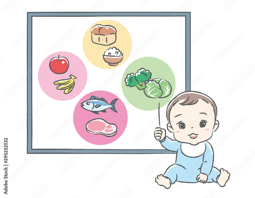 Cute baby teaching about baby food.Vector illustration. Cute baby teaching about baby food.Vector illustration.