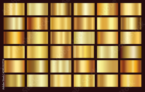 Gold foil texture background set. Vector golden, copper, brass and metal gradient template.